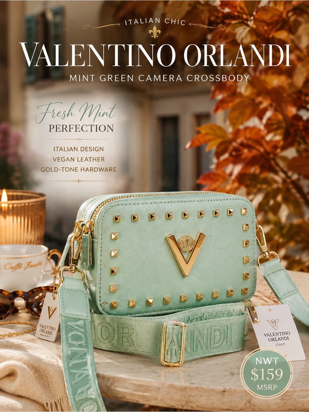 Valentino Orlandi New Italian Designer Mint Green Studded Crossbody NWT